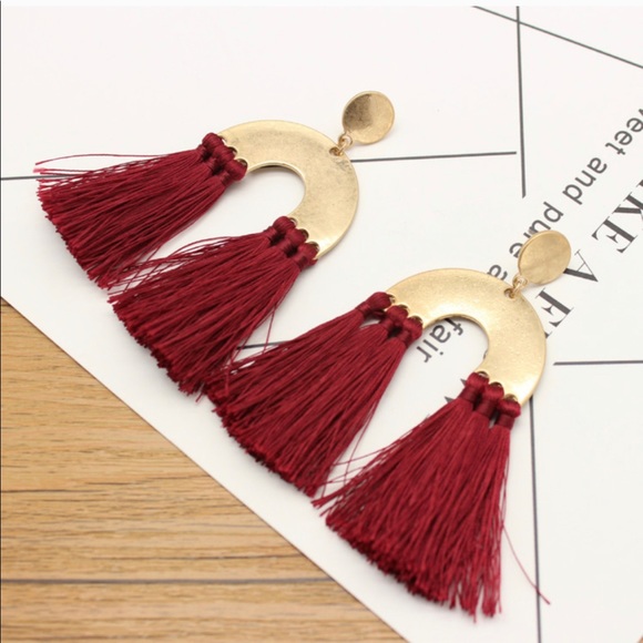 Gold Tone & Wine Red Tassel Drop Modern Earrings - Picture 3 of 5